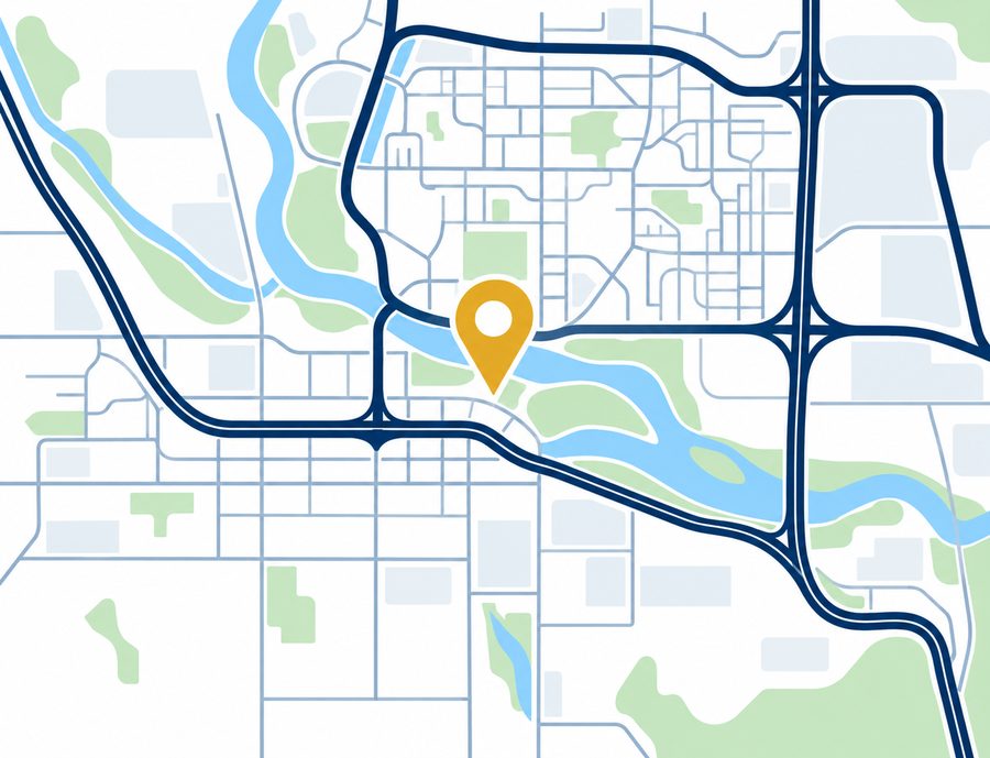 A simplified map of Eugene, Oregon with a pin marking the service area